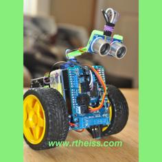 SCRU-FE: Simple C++ Robot With Ultra-sonic Sensor For Education: Arduino UNO Obstacle Avoidance Maze Programming 3D Printer Model