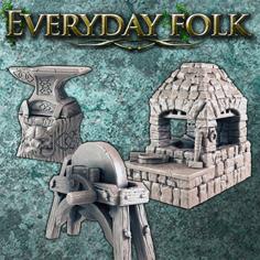 Blacksmith Forge, Anvil, And Grindstone SUPPORT FREE – EVERYDAY FOLK 3D Printer Model